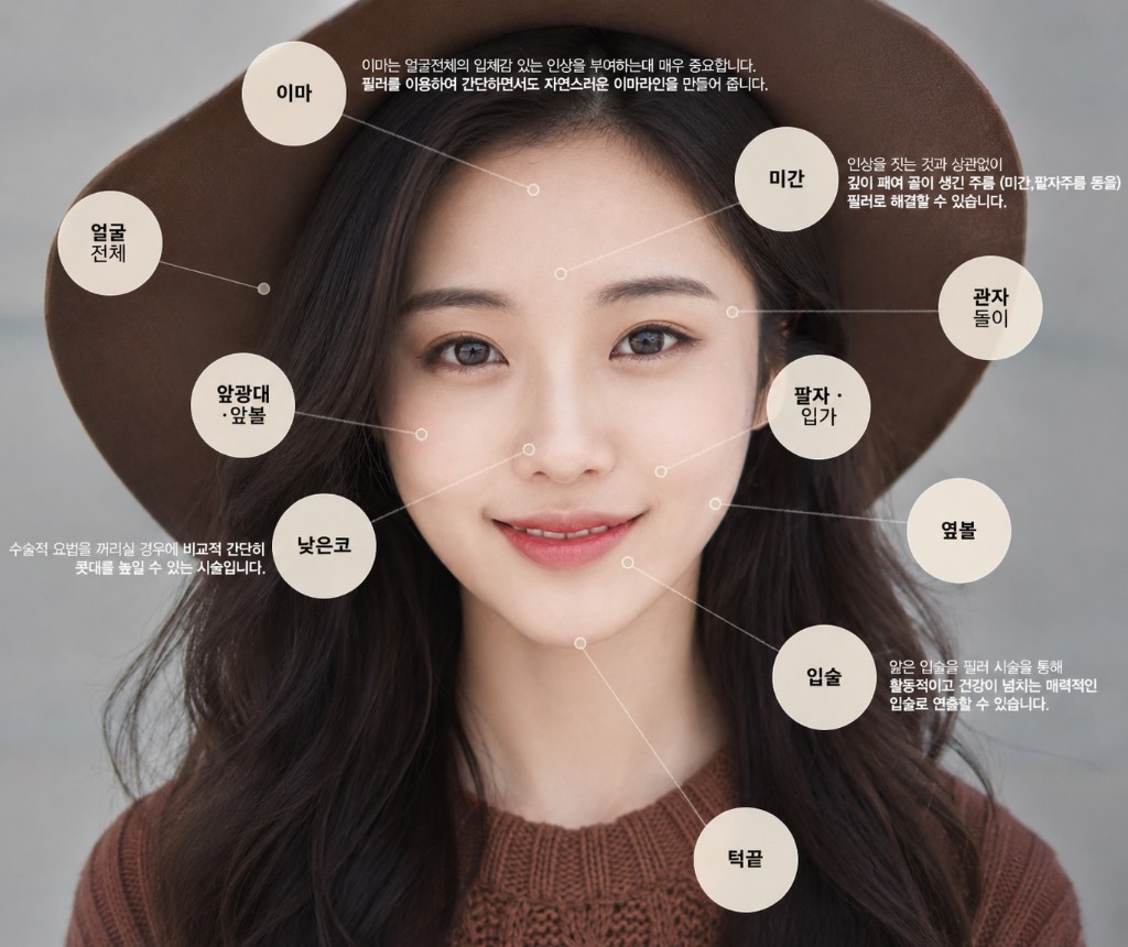 큐오필 시술 부위 안내 — 이마, 미간, 관자놀이, 앞광대, 팔자, 입술, 턱끝, 낮은코, 얼굴 전체