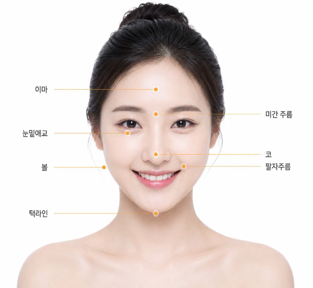 필러 시술 부위 안내 — 이마, 눈밑애교, 볼, 턱라인, 미간 주름, 코, 팔자주름
